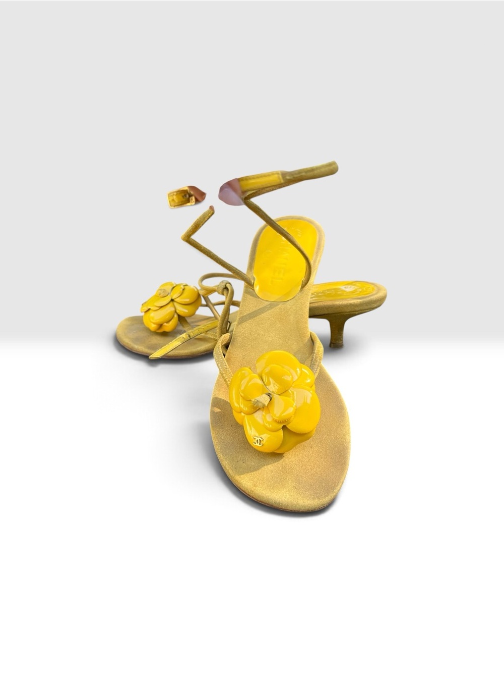 Vintage CHANEL Yellow Camellia Strappy Kitten Heel Sandals circa cruise 2003